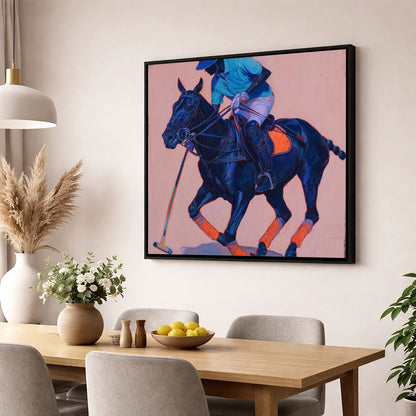 The Indigo Strike polo horse wall art displayed in a dining room