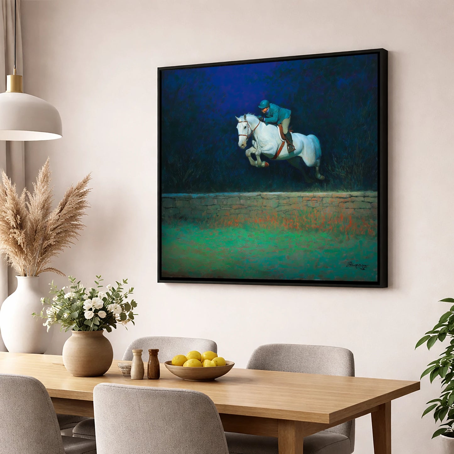 Moonlit Flight show jumping horse wall art displayed in a dining room