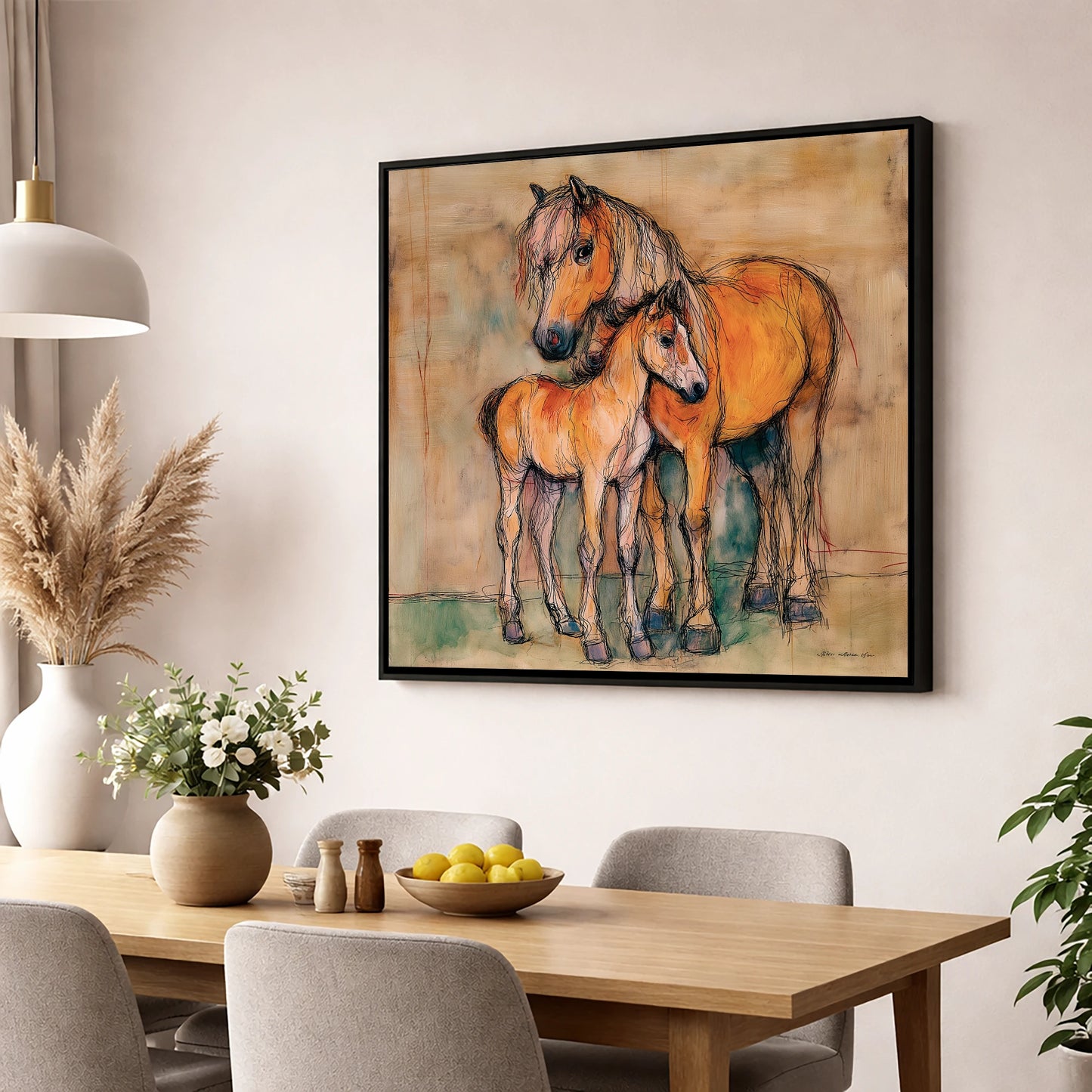Tender Earth Bond mare & foal wall art displayed in a dining room