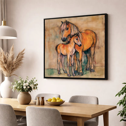 Tender Earth Bond mare & foal wall art displayed in a dining room