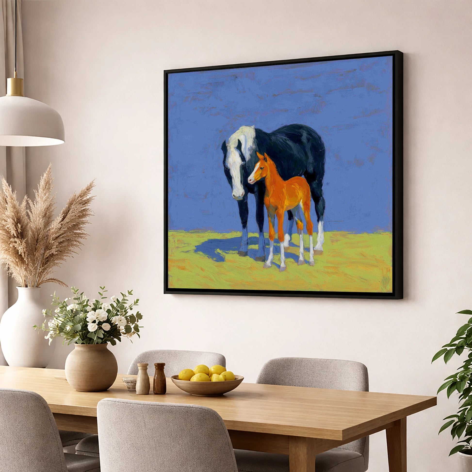 Vibrant Pasture Bond mare & foal wall art displayed in a dining room