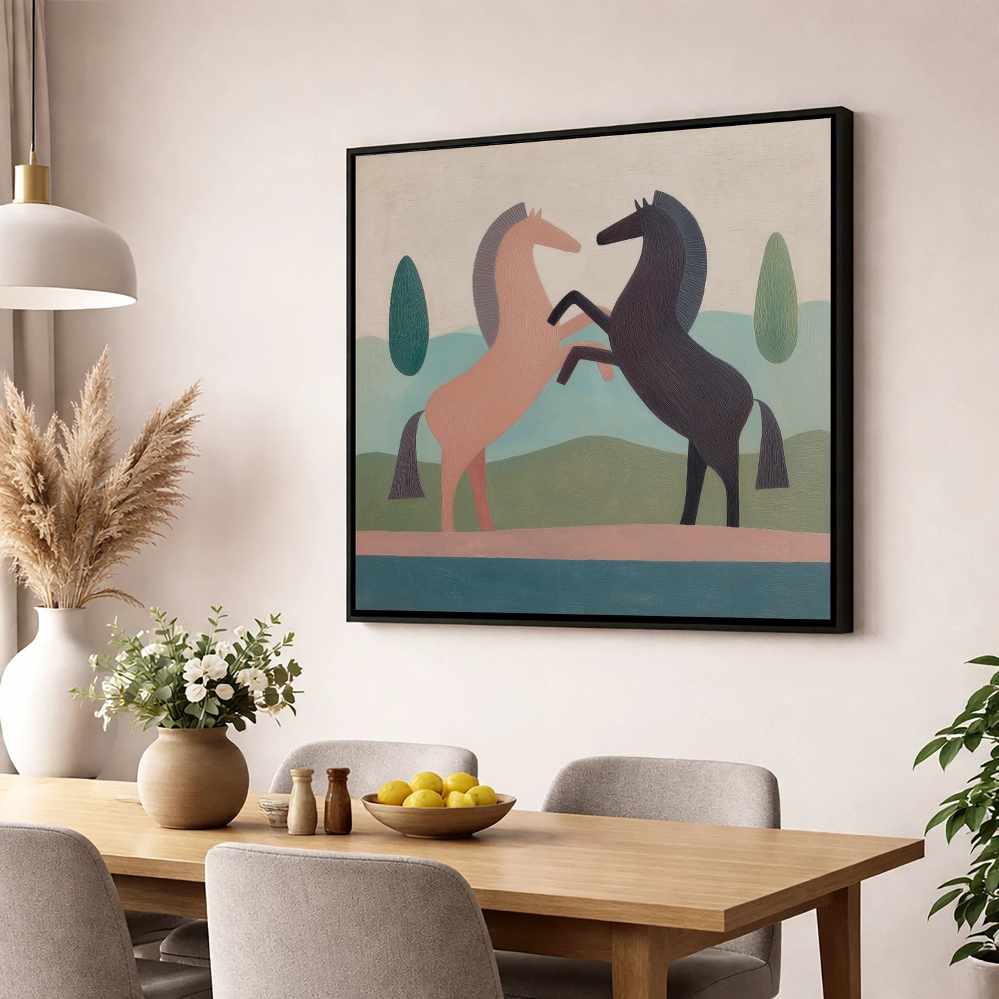 Earthy Equine Harmony wild horses wall art displayed in a dining room
