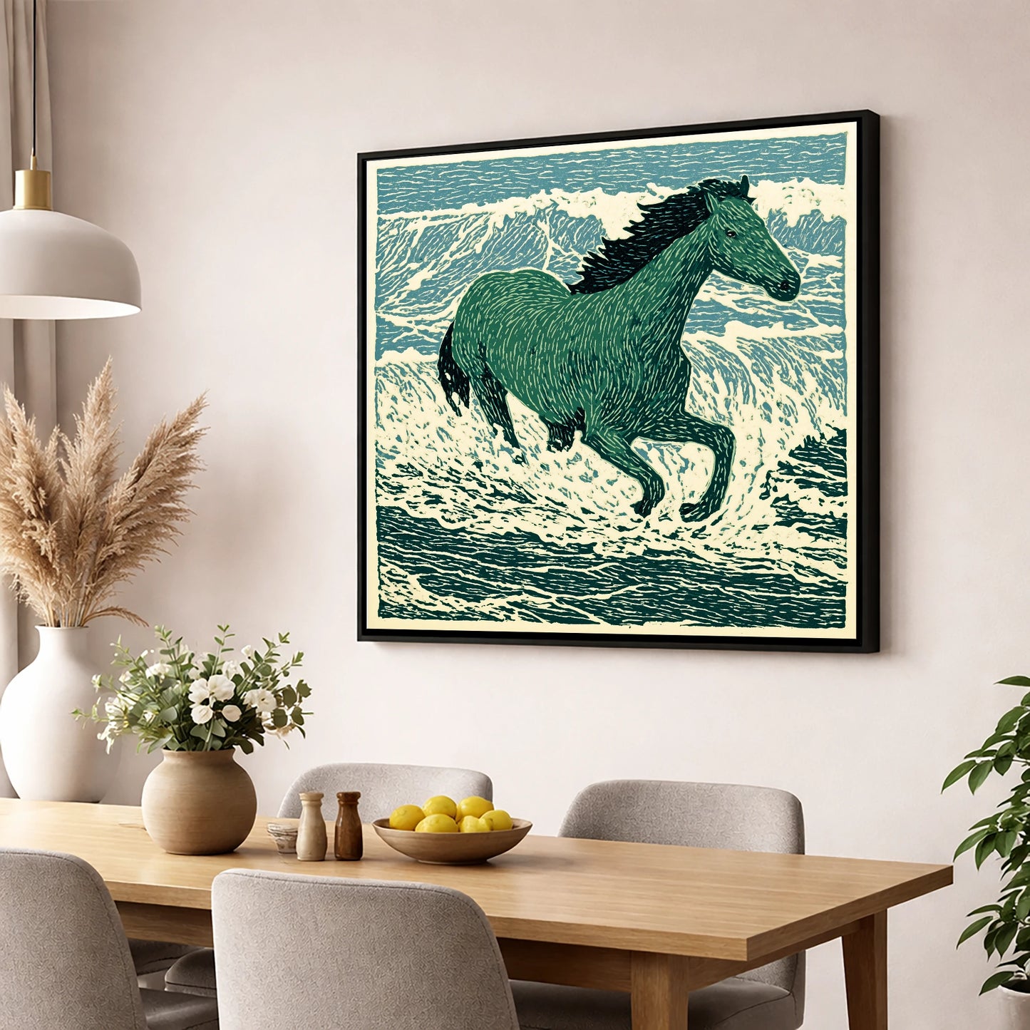 Emerald Surf Canter beach horse wall art displayed in a dining room