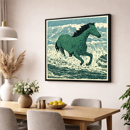 Emerald Surf Canter beach horse wall art displayed in a dining room