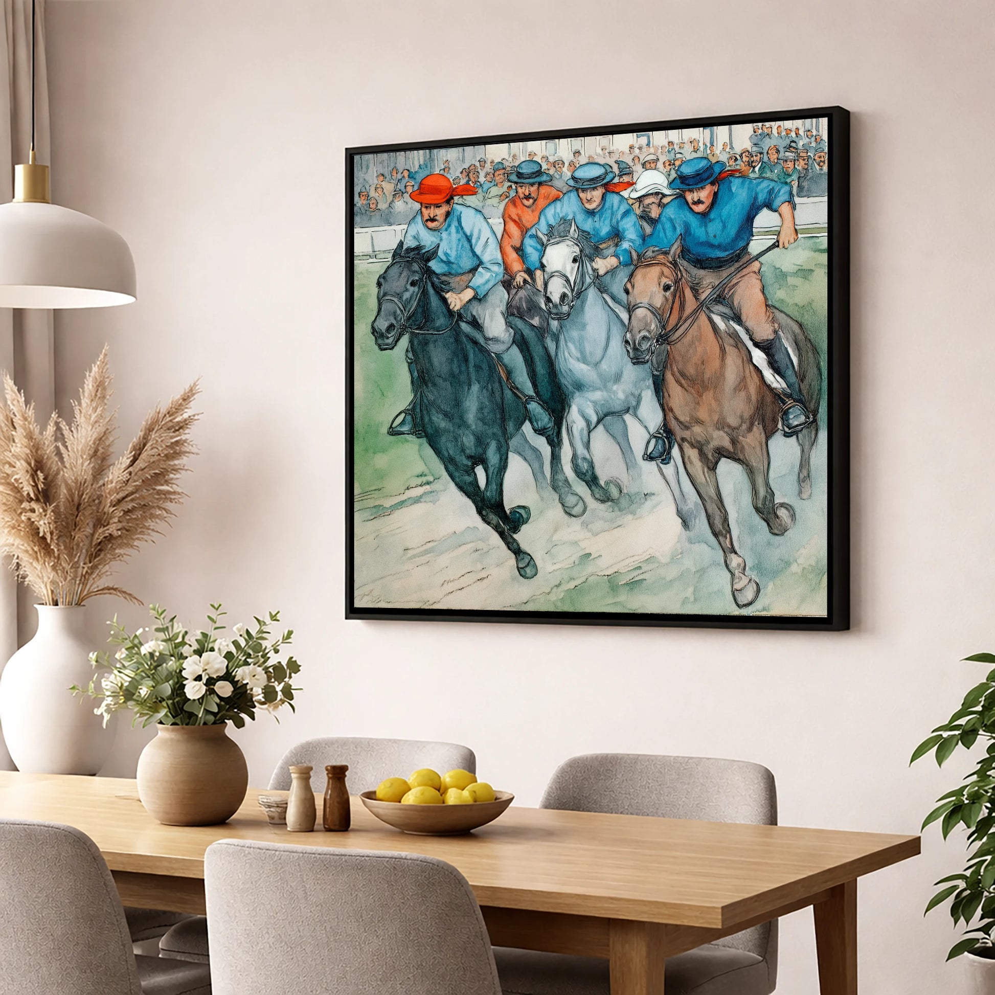 Classic Turf Rivalry racing horse wall art displayed in a dining room