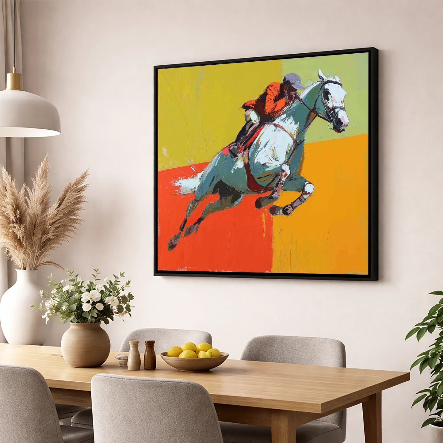 Momentum In Colour show jumping horse wall art displayed in a dining room