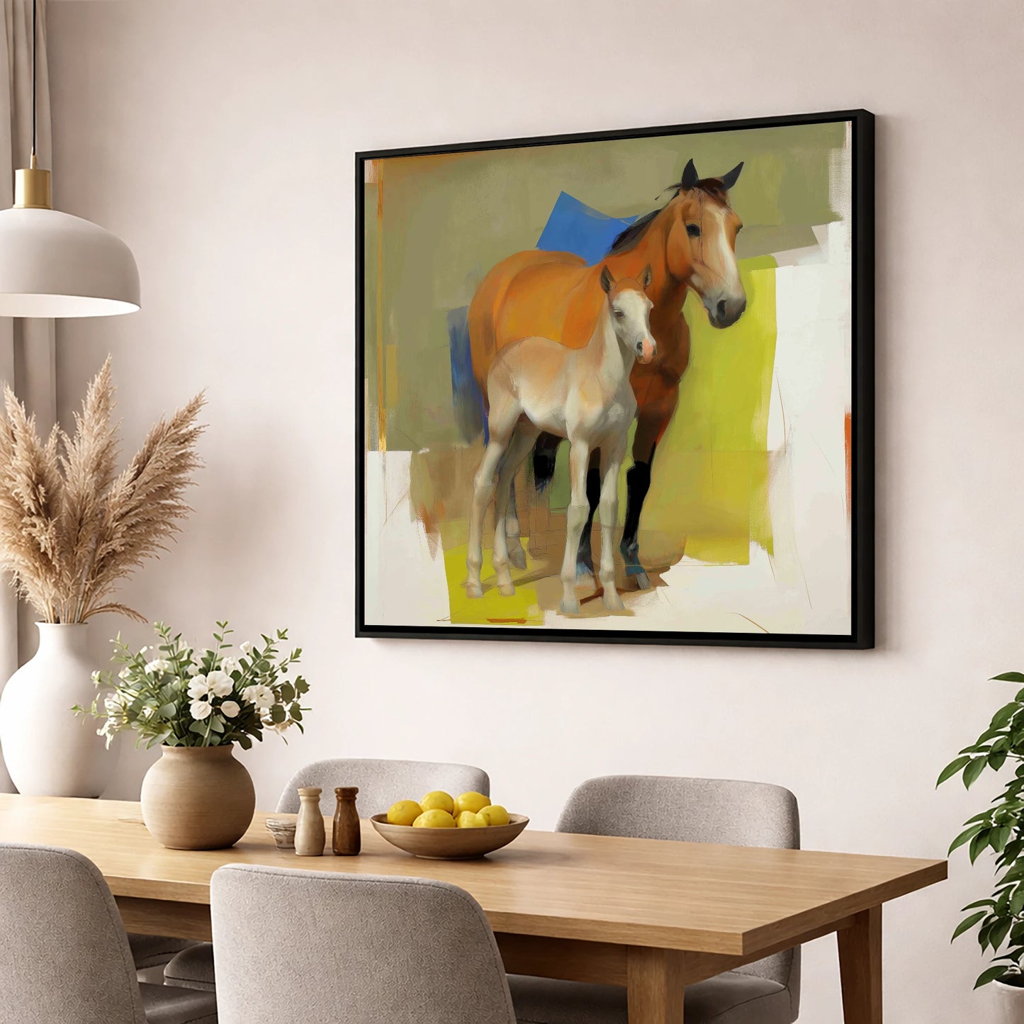Modern Golden Bond mare & foal wall art displayed in a dining room