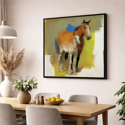 Modern Golden Bond mare & foal wall art displayed in a dining room