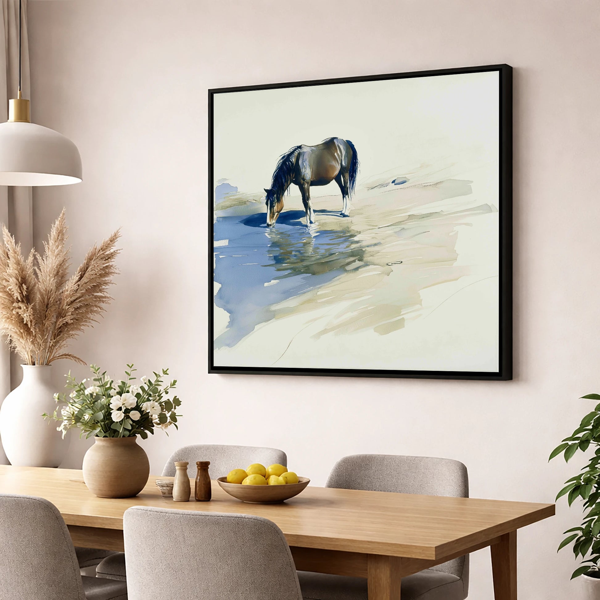 Quiet Reflection wild horses wall art displayed in a dining room
