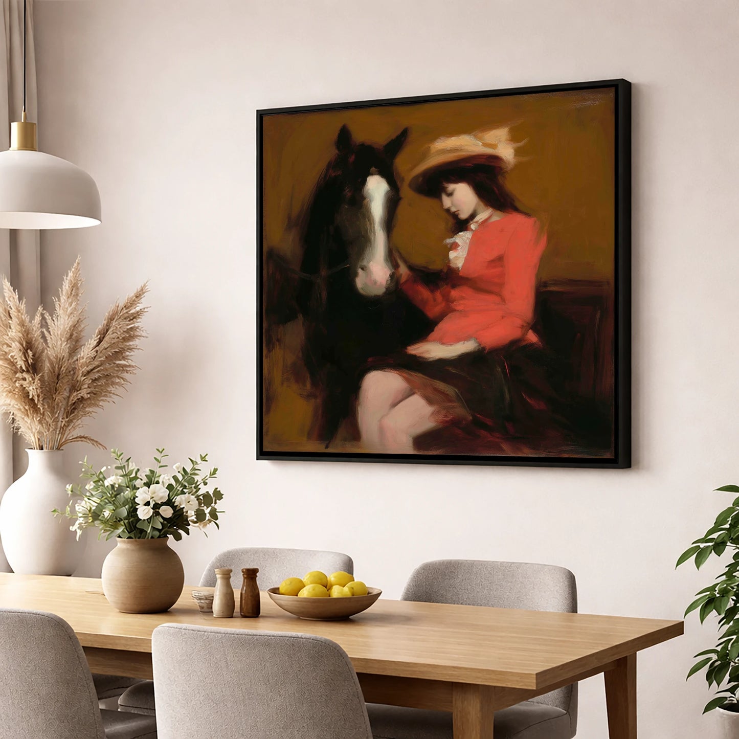 A Quiet Connection horse & rider wall art displayed in a dining room