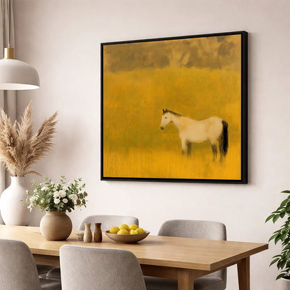 Golden Silence horse landscape wall art displayed in a dining room