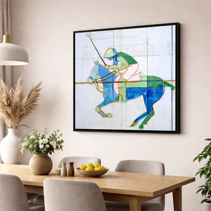 Azure Polo Rhythms polo horse wall art displayed in a dining room