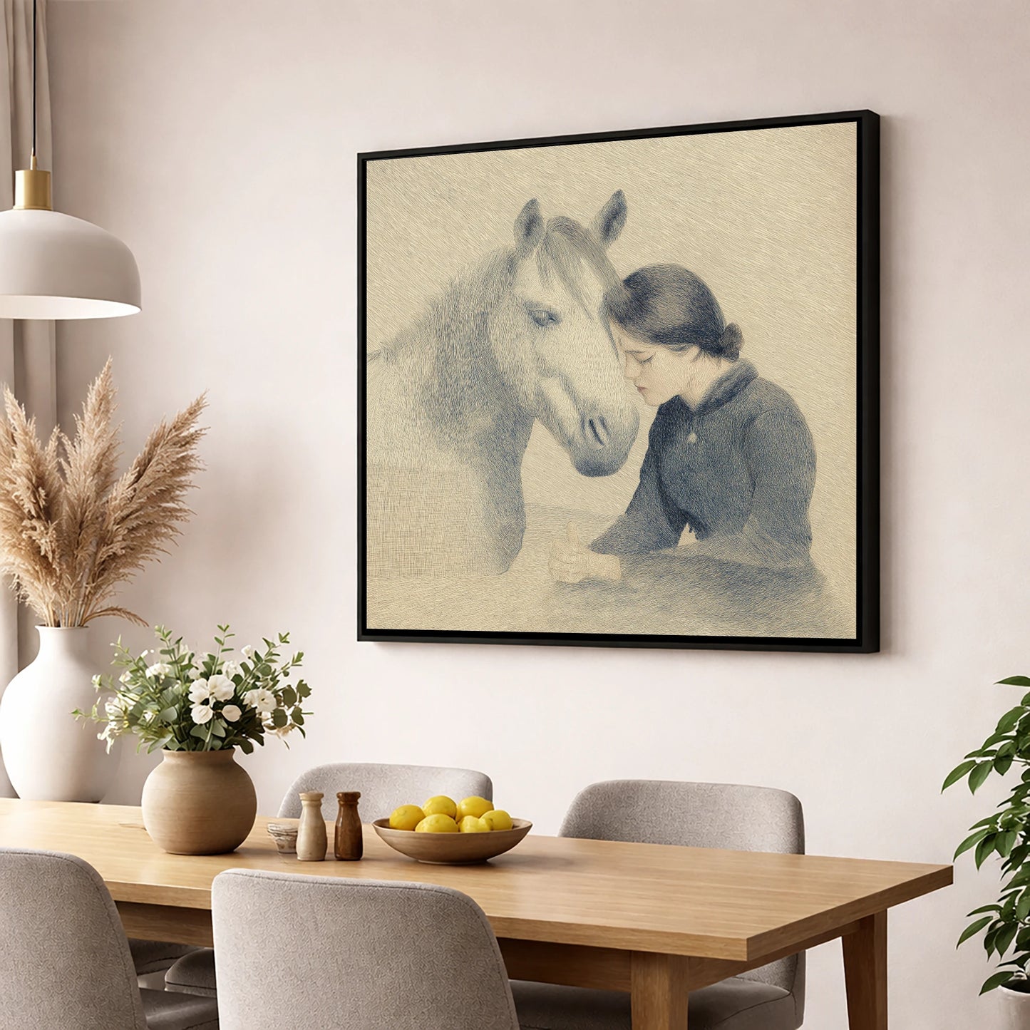 The Silent Bond horse & rider wall art displayed in a dining room