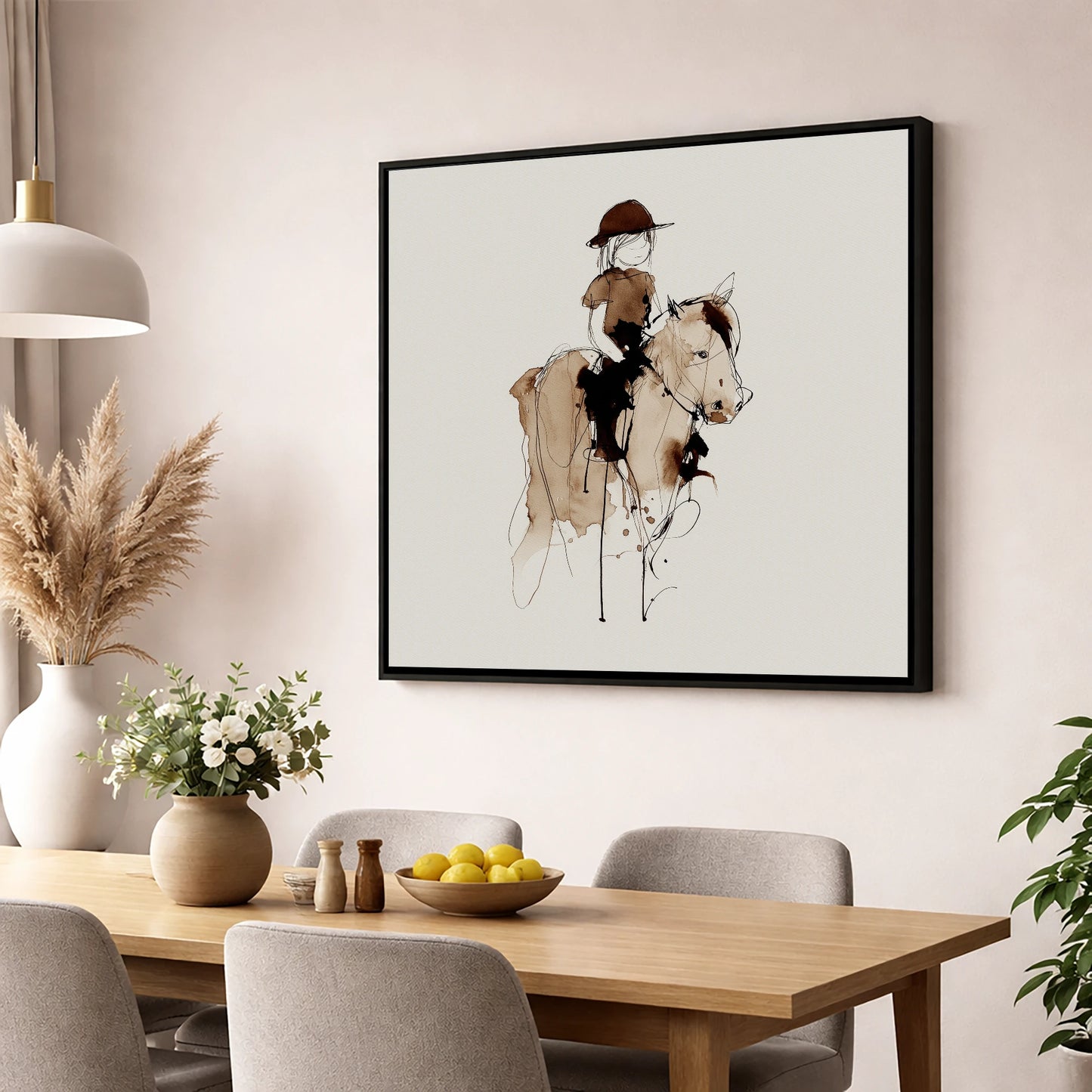 The Young Equestrian horse & rider wall art displayed in a dining room