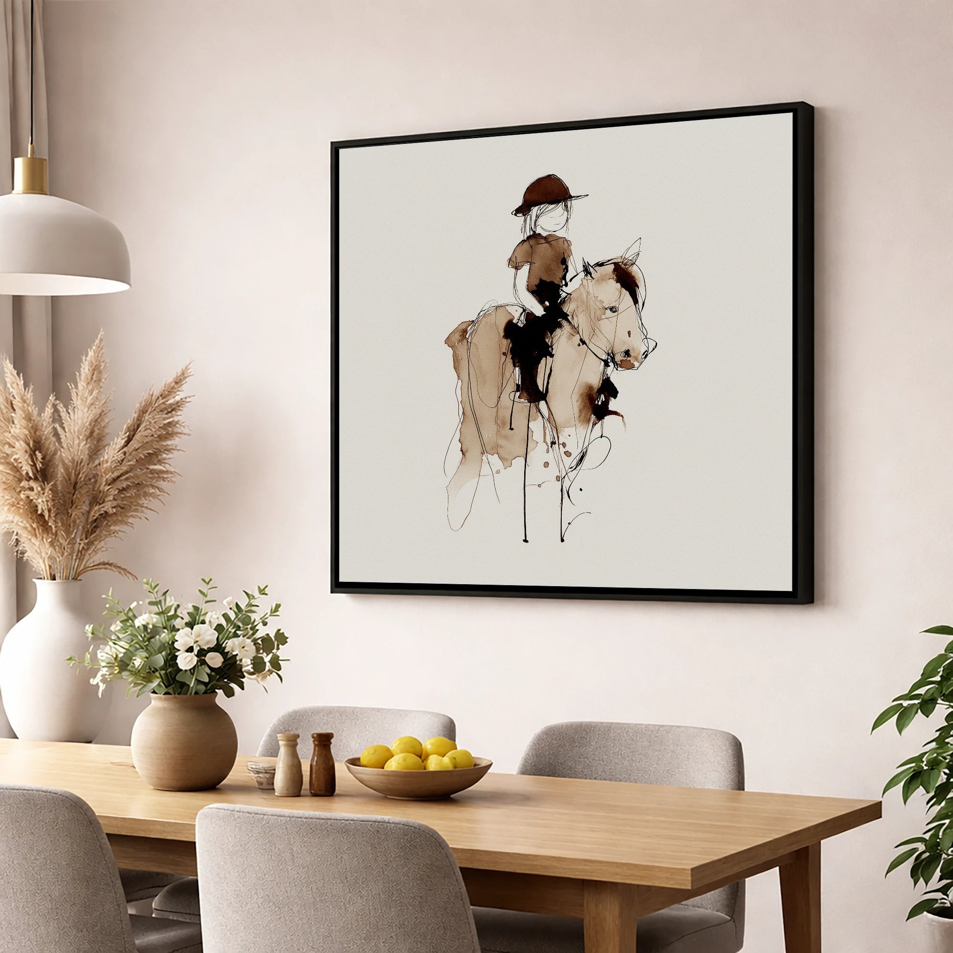 The Young Equestrian horse & rider wall art displayed in a dining room