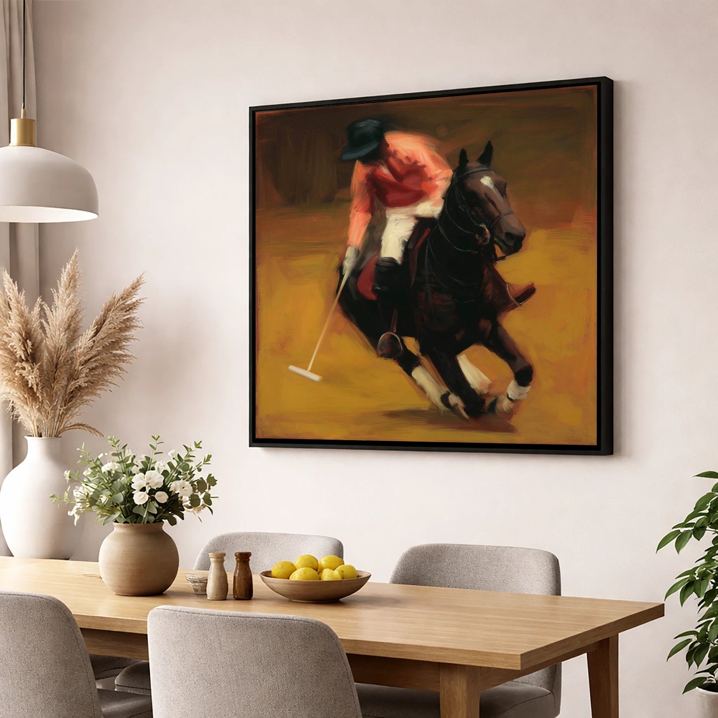 Heat of the Chukka polo horse wall art displayed in a dining room