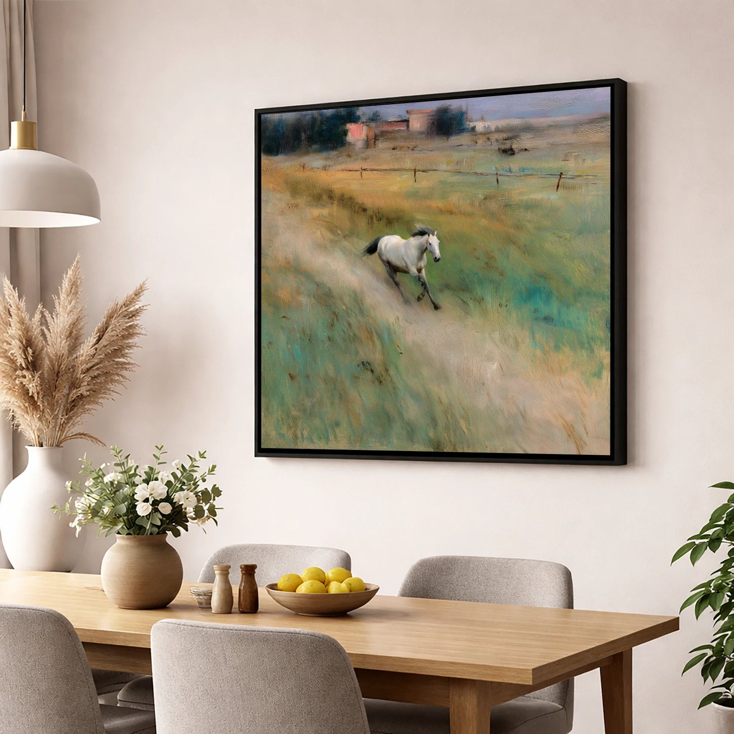 Morning Canter across the Lowlands horse landscape wall art displayed in a dining room