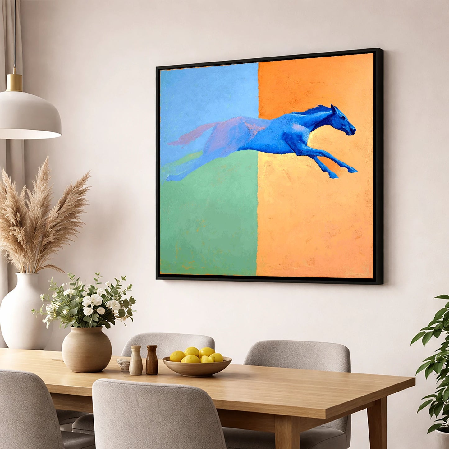 Cobalt Stretch racing horse wall art displayed in a dining room