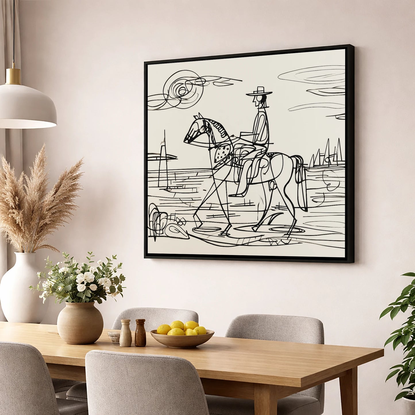 Abstract Coastal Ride beach horse wall art displayed in a dining room