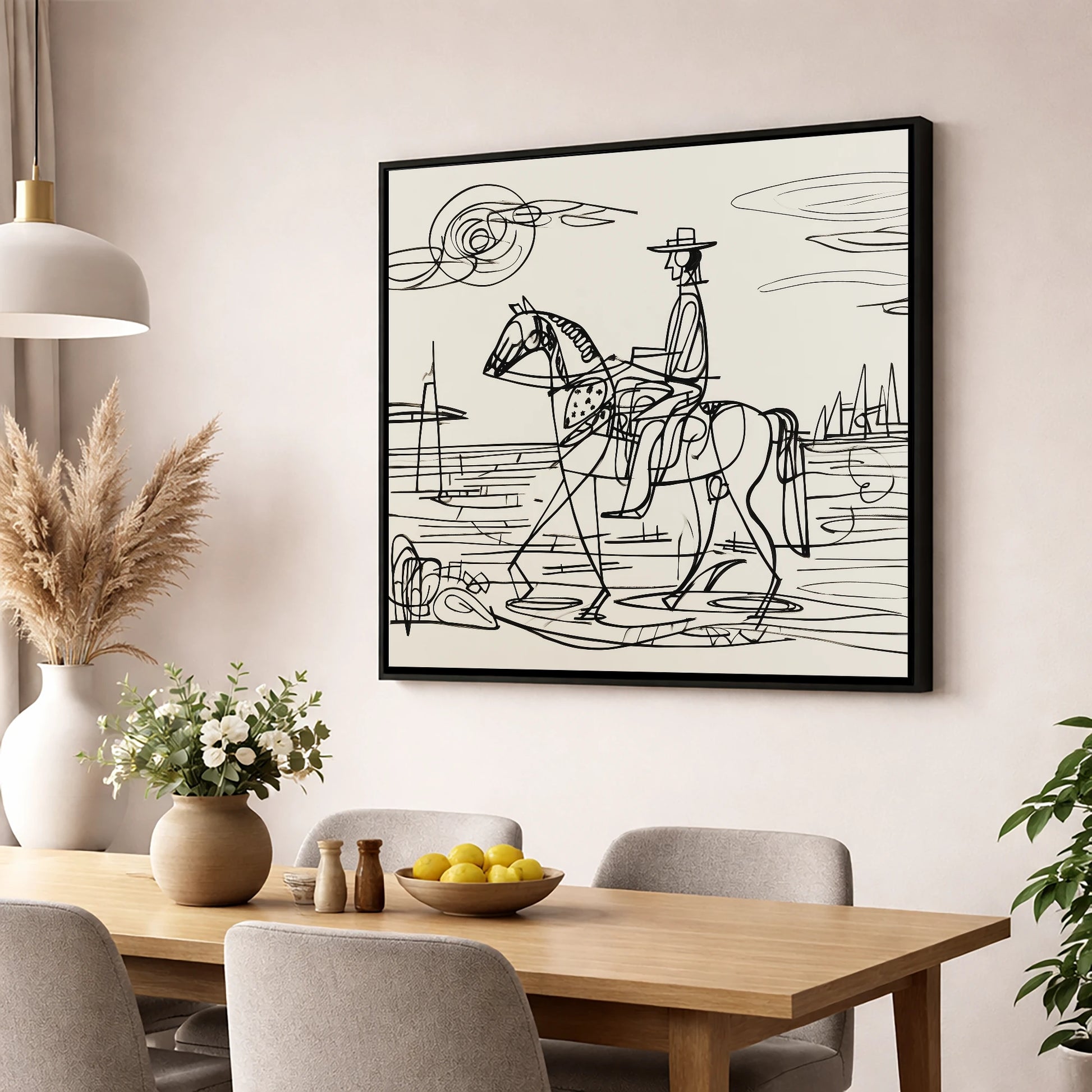 Abstract Coastal Ride beach horse wall art displayed in a dining room