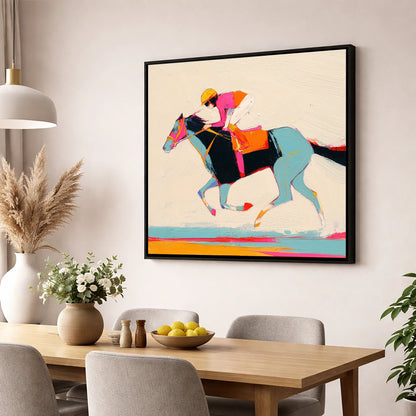 Technicolour Gallop racing horse wall art displayed in a dining room