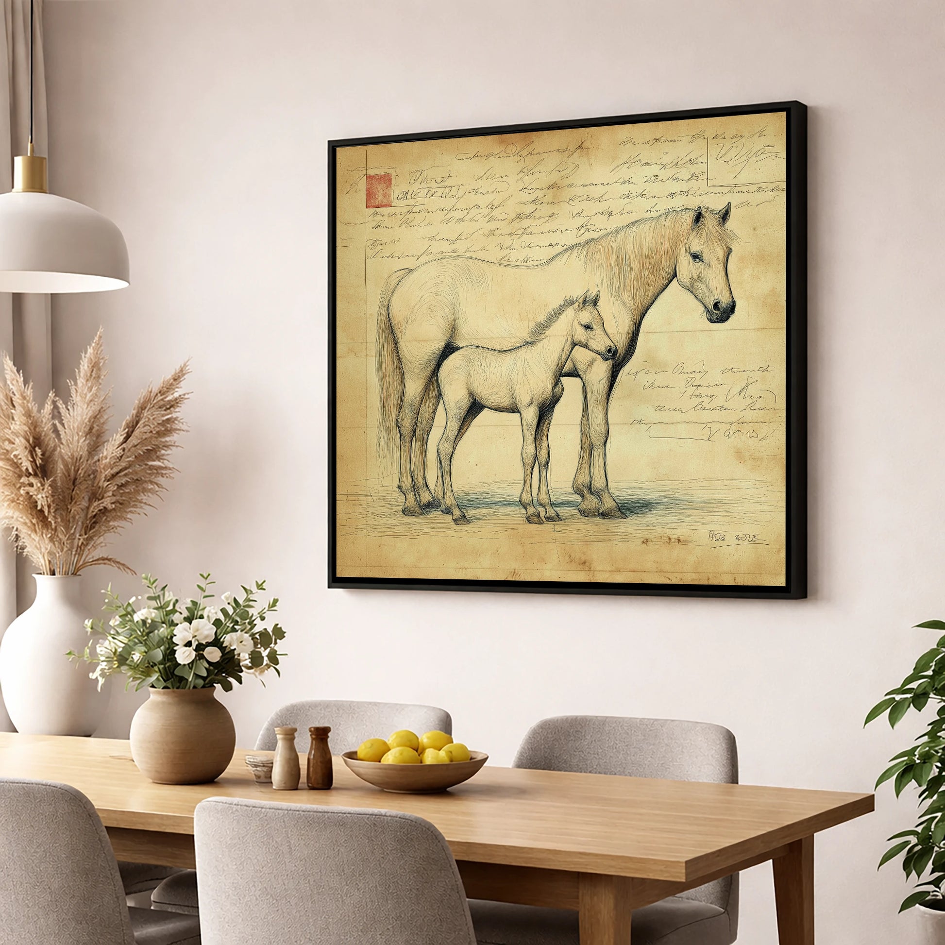 Heritage Equine Study mare & foal wall art displayed in a dining room