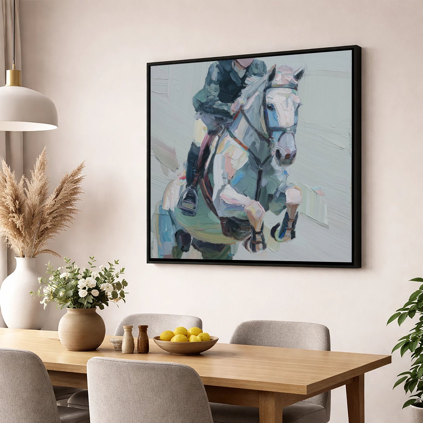 Flight in Grey show jumping horse wall art displayed in a dining room