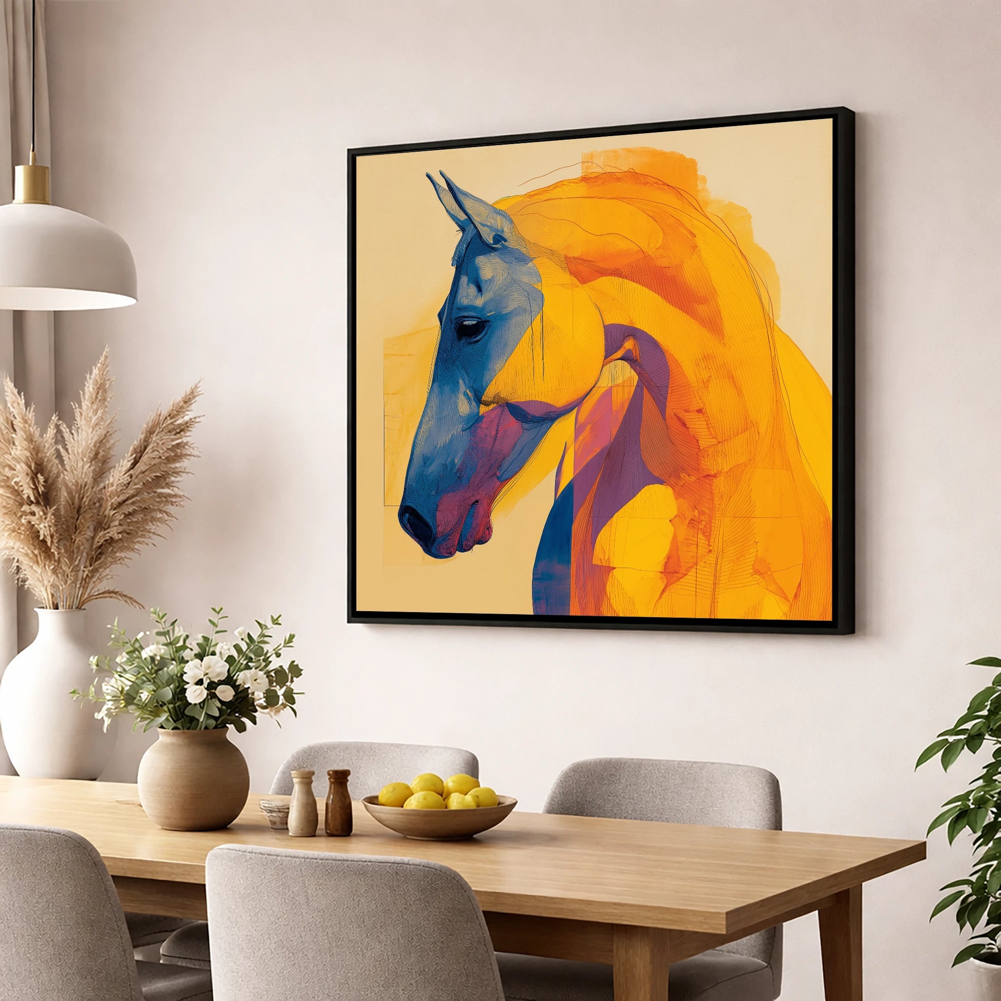 Cobalt and Gold Contour horse breed wall art displayed in a dining room