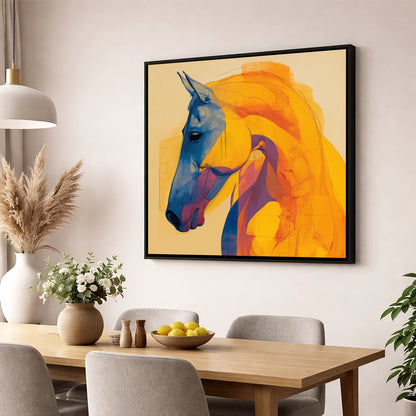 Cobalt and Gold Contour horse breed wall art displayed in a dining room