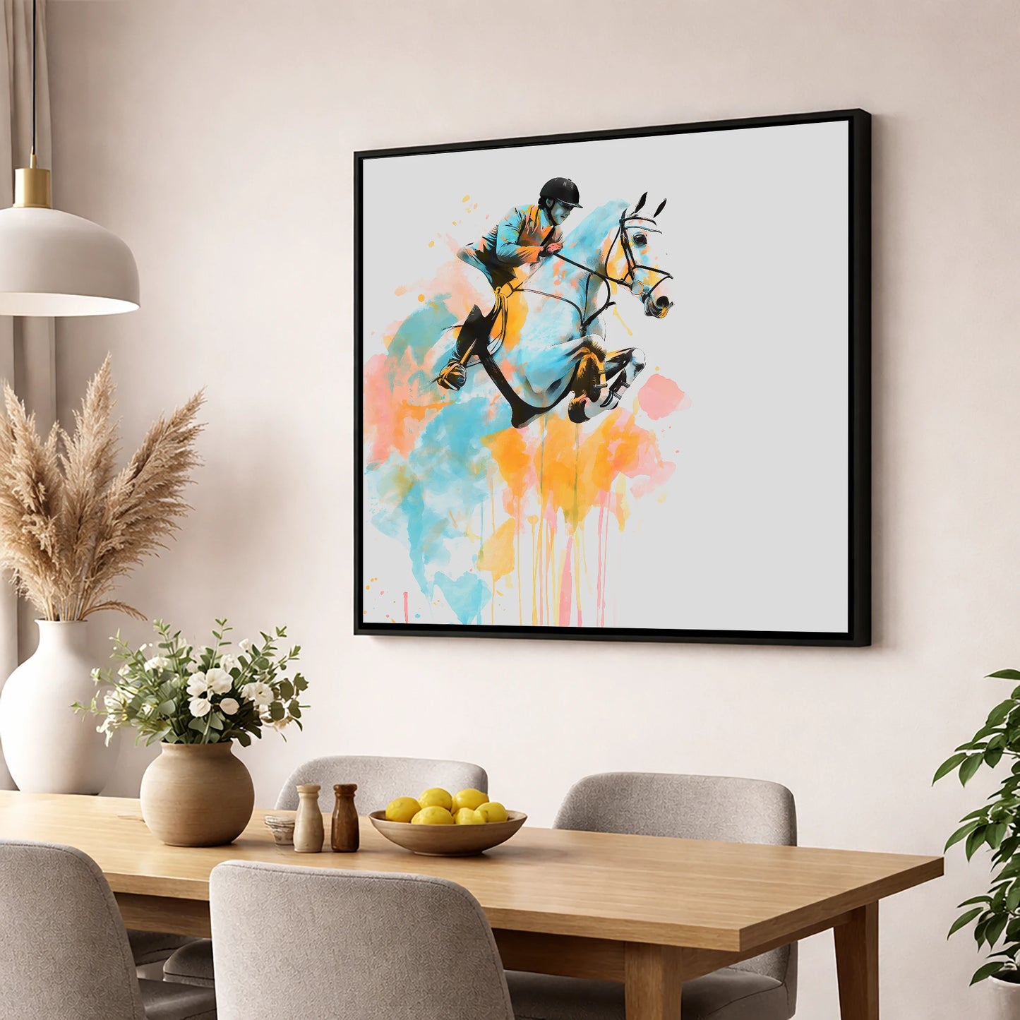 Suspended in Colour show jumping horse wall art displayed in a dining room