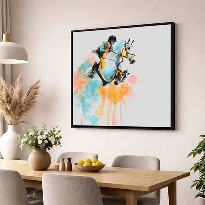 Suspended in Colour show jumping horse wall art displayed in a dining room