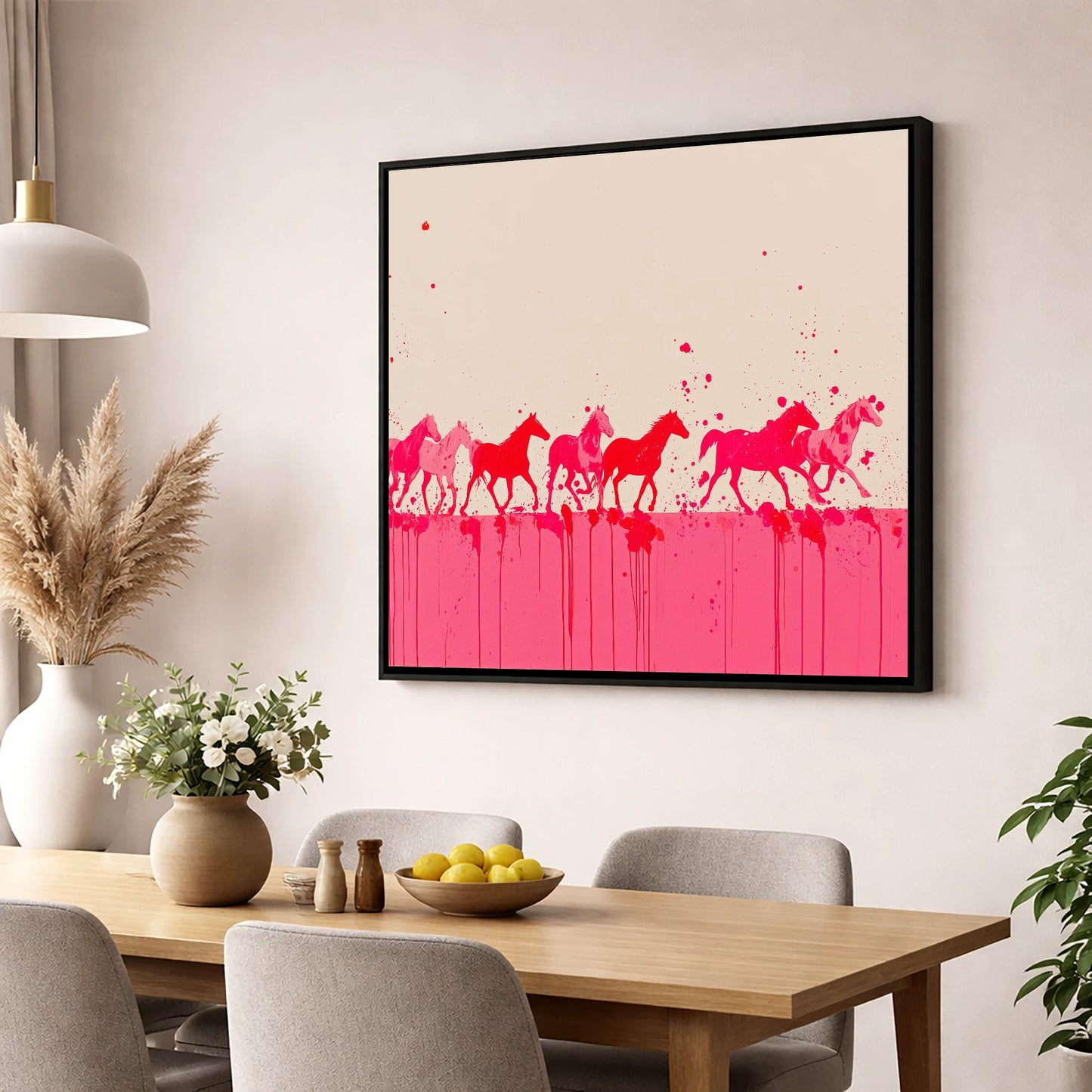 Magenta Motion wild horses wall art displayed in a dining room