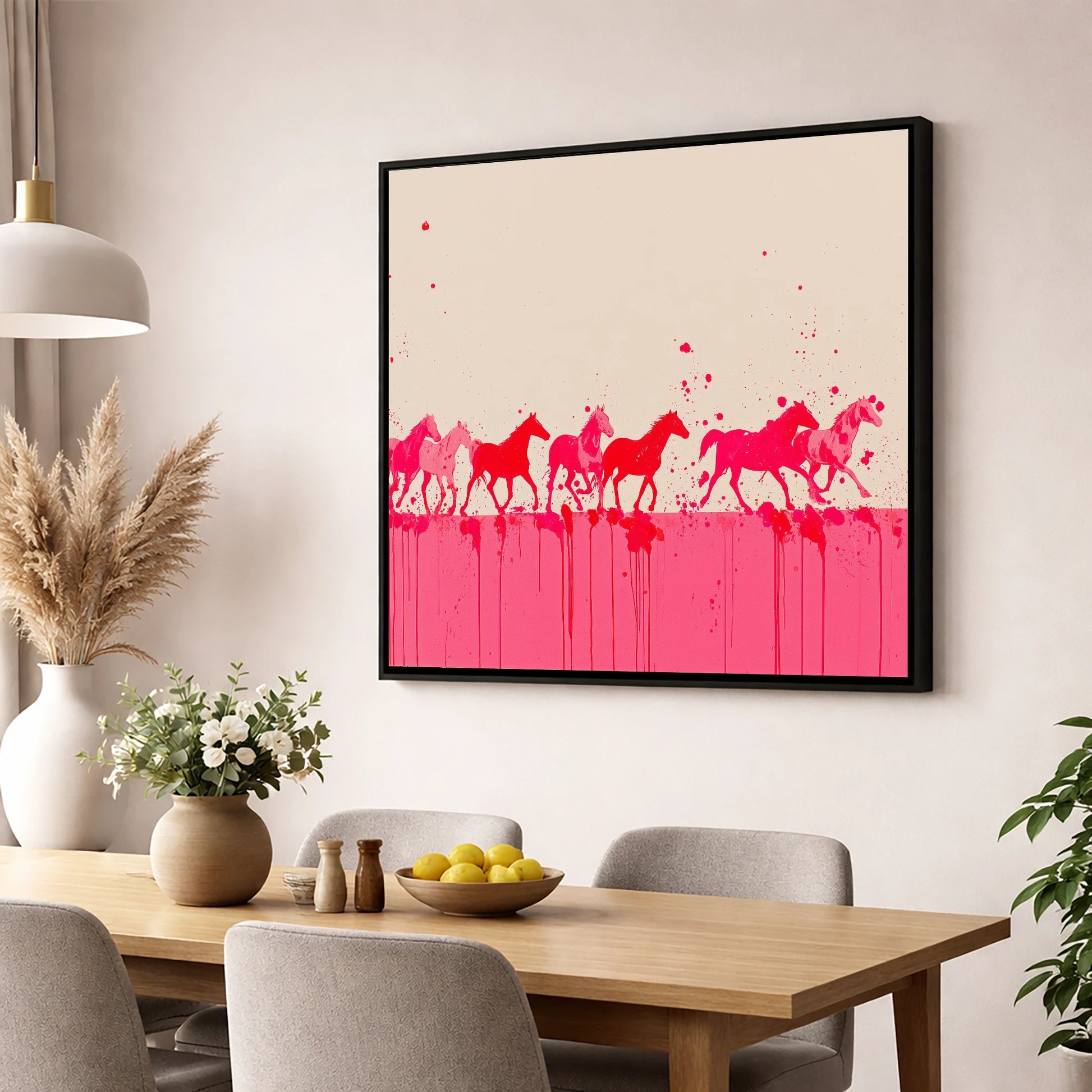 Magenta Motion wild horses wall art displayed in a dining room