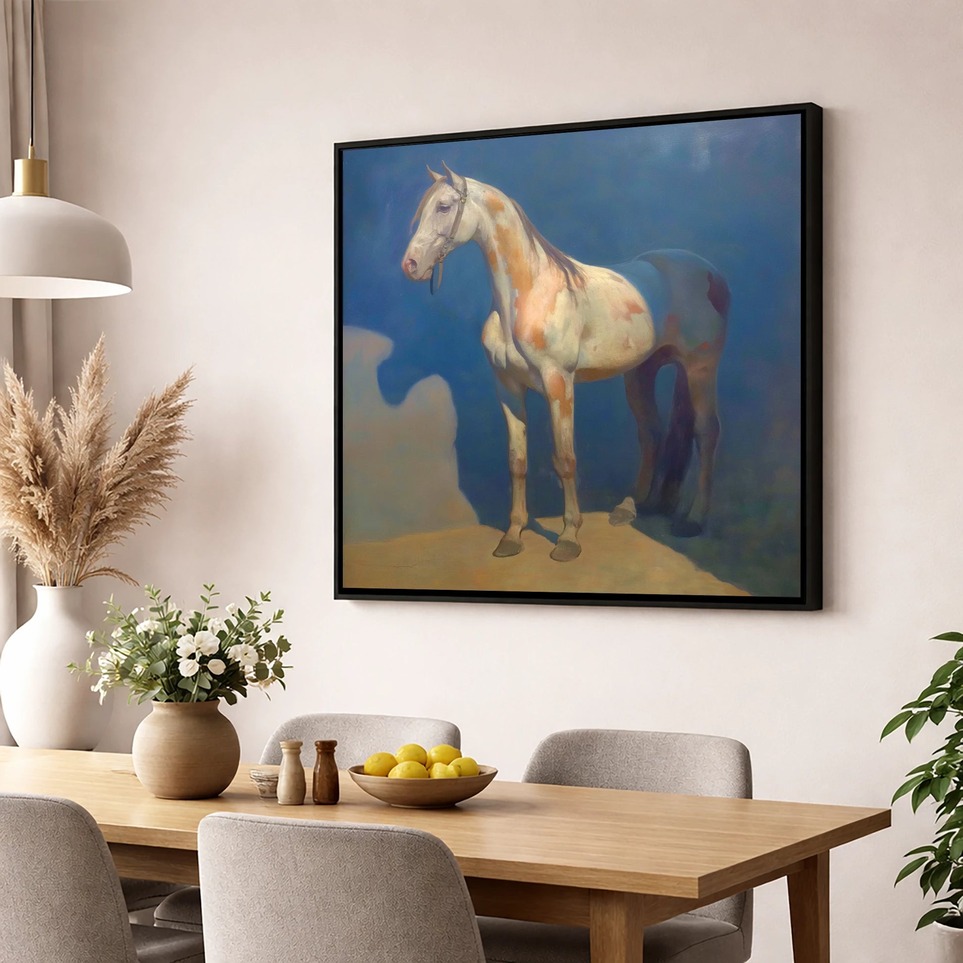 The Soulful Skewbald horse breed wall art displayed in a dining room