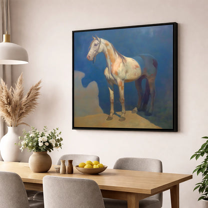The Soulful Skewbald horse breed wall art displayed in a dining room