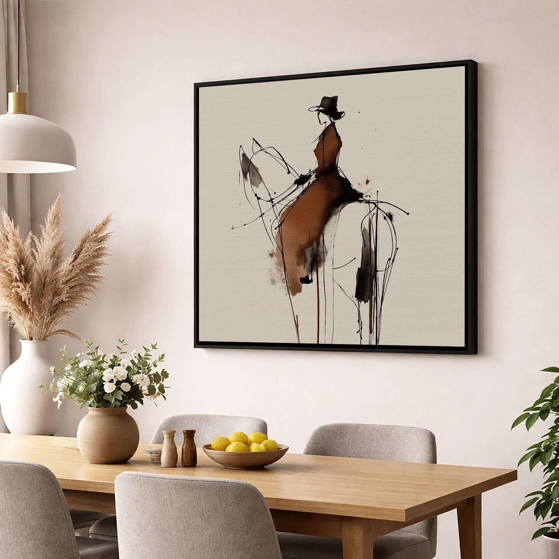 Sepia Equestrian Silhouette horse & rider wall art displayed in a dining room