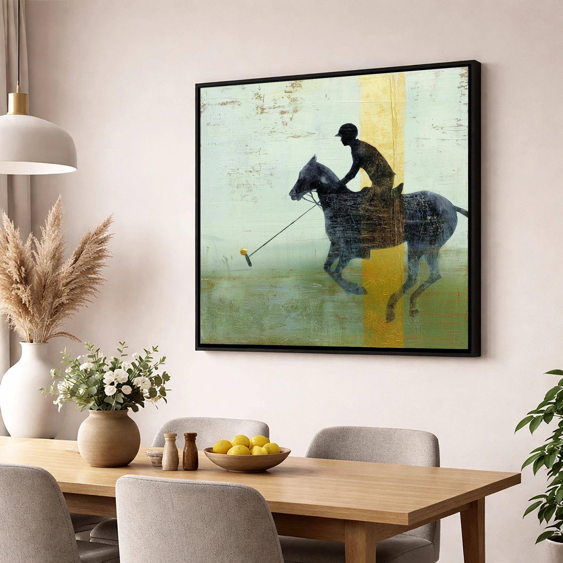 Gilded Chukka polo horse wall art displayed in a dining room