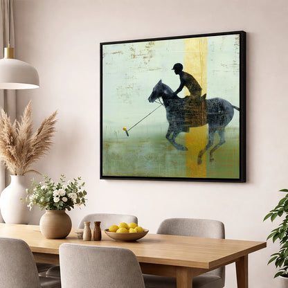 Gilded Chukka polo horse wall art displayed in a dining room