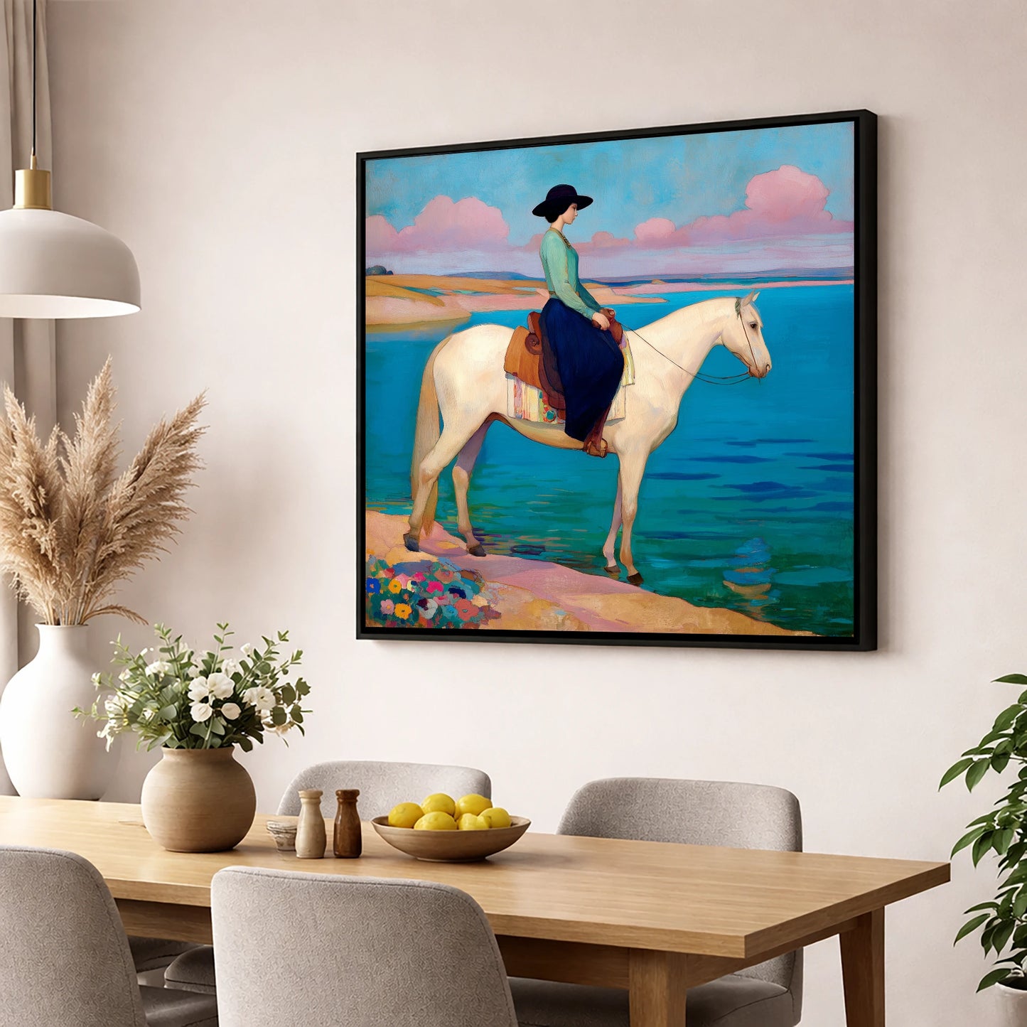Coastal Reverie beach horse wall art displayed in a dining room