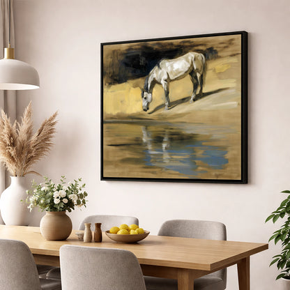 Quiet Waters Reflection horse landscape wall art displayed in a dining room