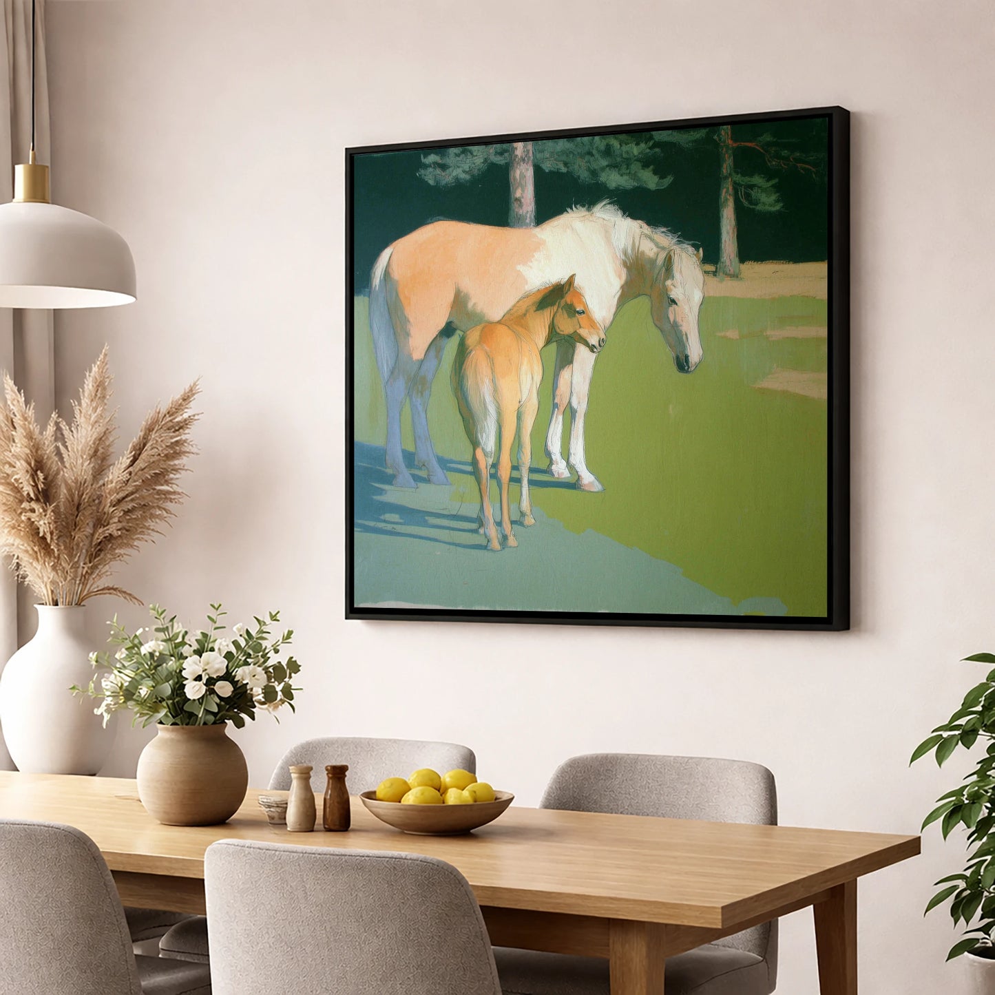 Quiet Pasture Shadows horse landscape wall art displayed in a dining room