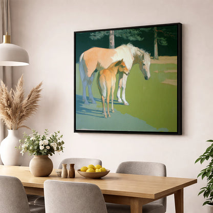 Quiet Pasture Shadows horse landscape wall art displayed in a dining room