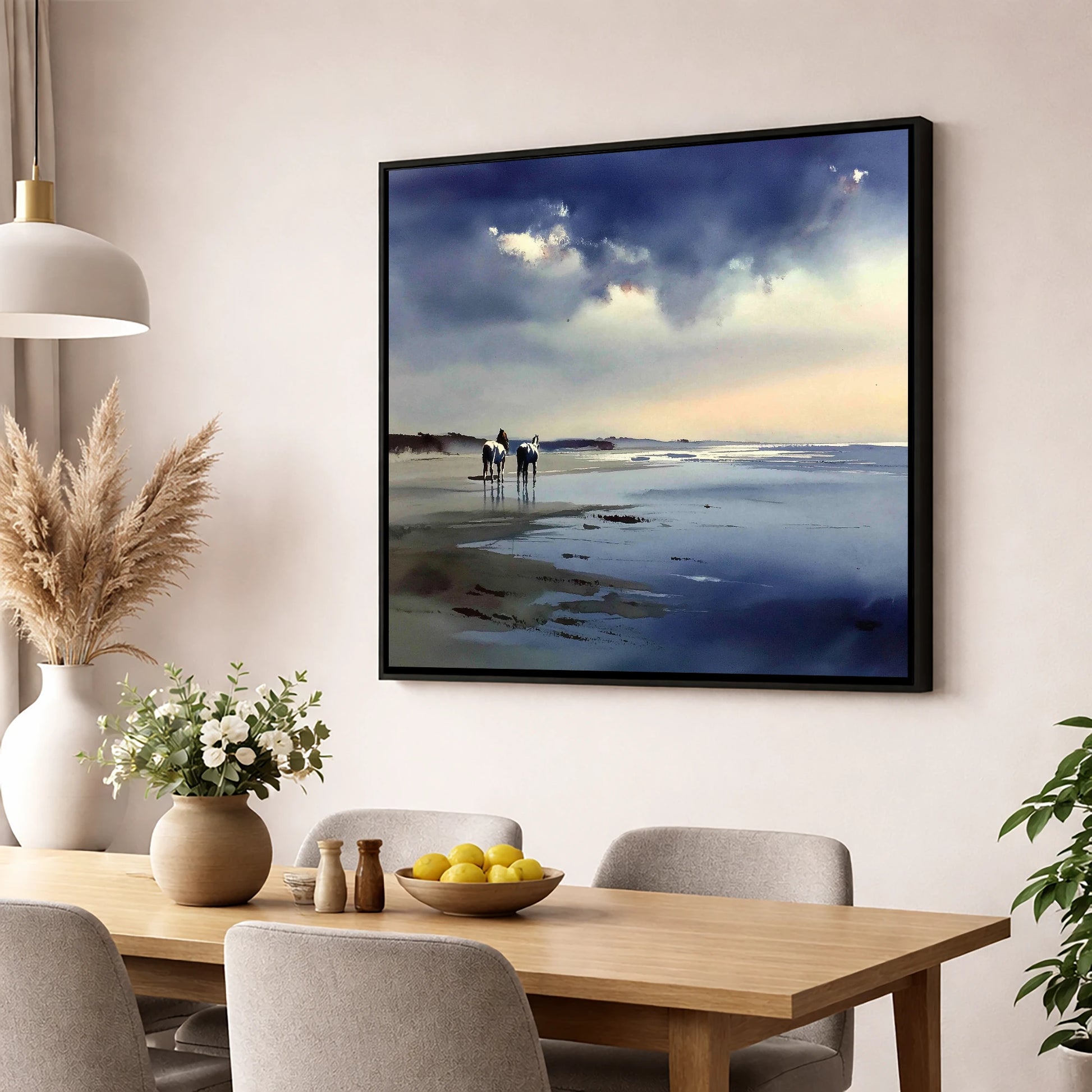 Reflections at Low Tide horse landscape wall art displayed in a dining room