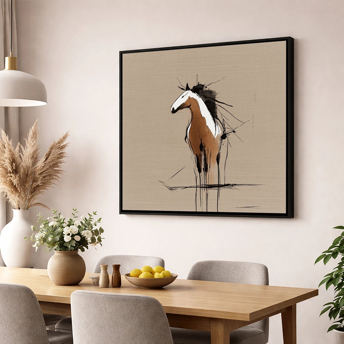 Raw Equine Spirit horse portrait wall art displayed in a dining room