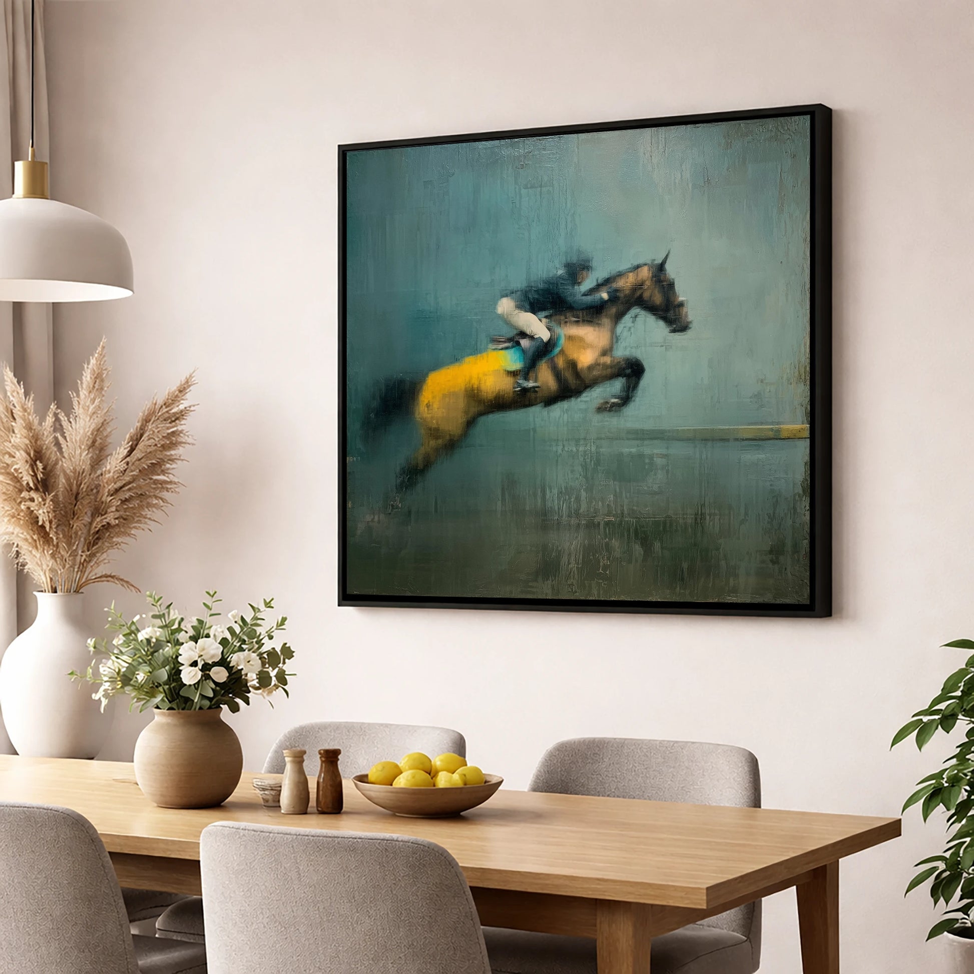 Suspended Energy show jumping horse wall art displayed in a dining room