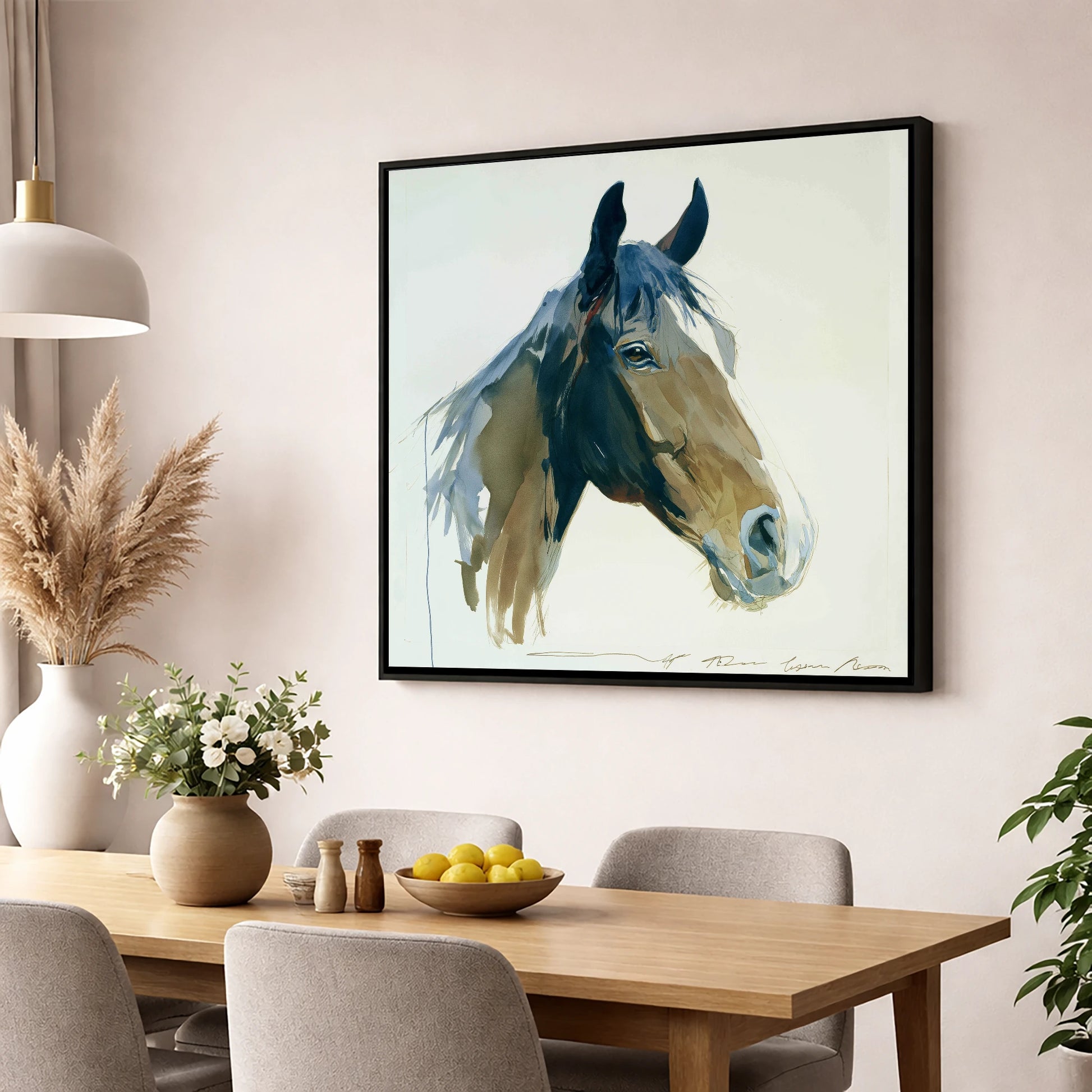 Indigo Wash Bay Portrait horse portrait wall art displayed in a dining room