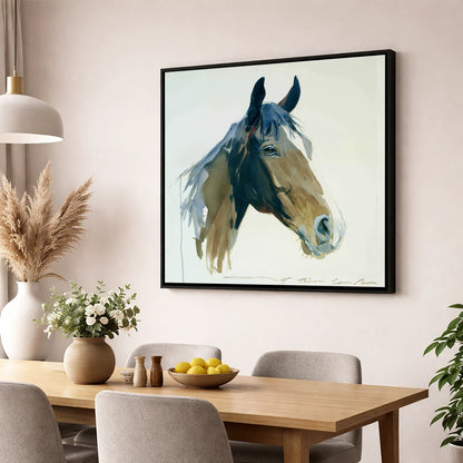Indigo Wash Bay Portrait horse portrait wall art displayed in a dining room