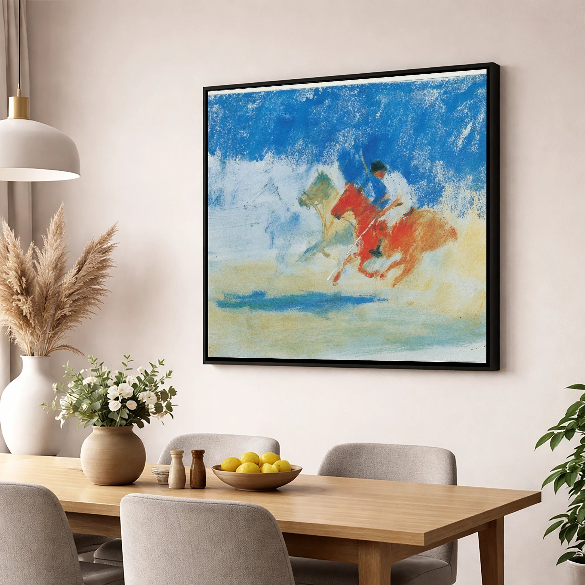 Cerulean Polo Chase polo horse wall art displayed in a dining room