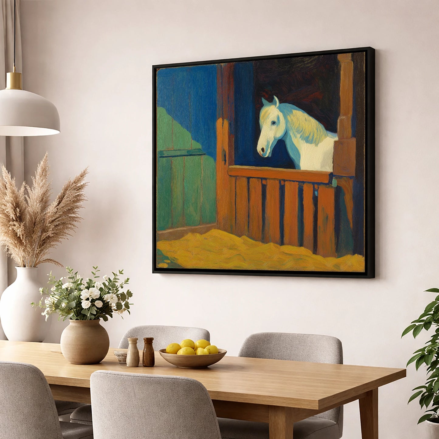 The Blue Shadowed Grey horse stable wall art displayed in a dining room