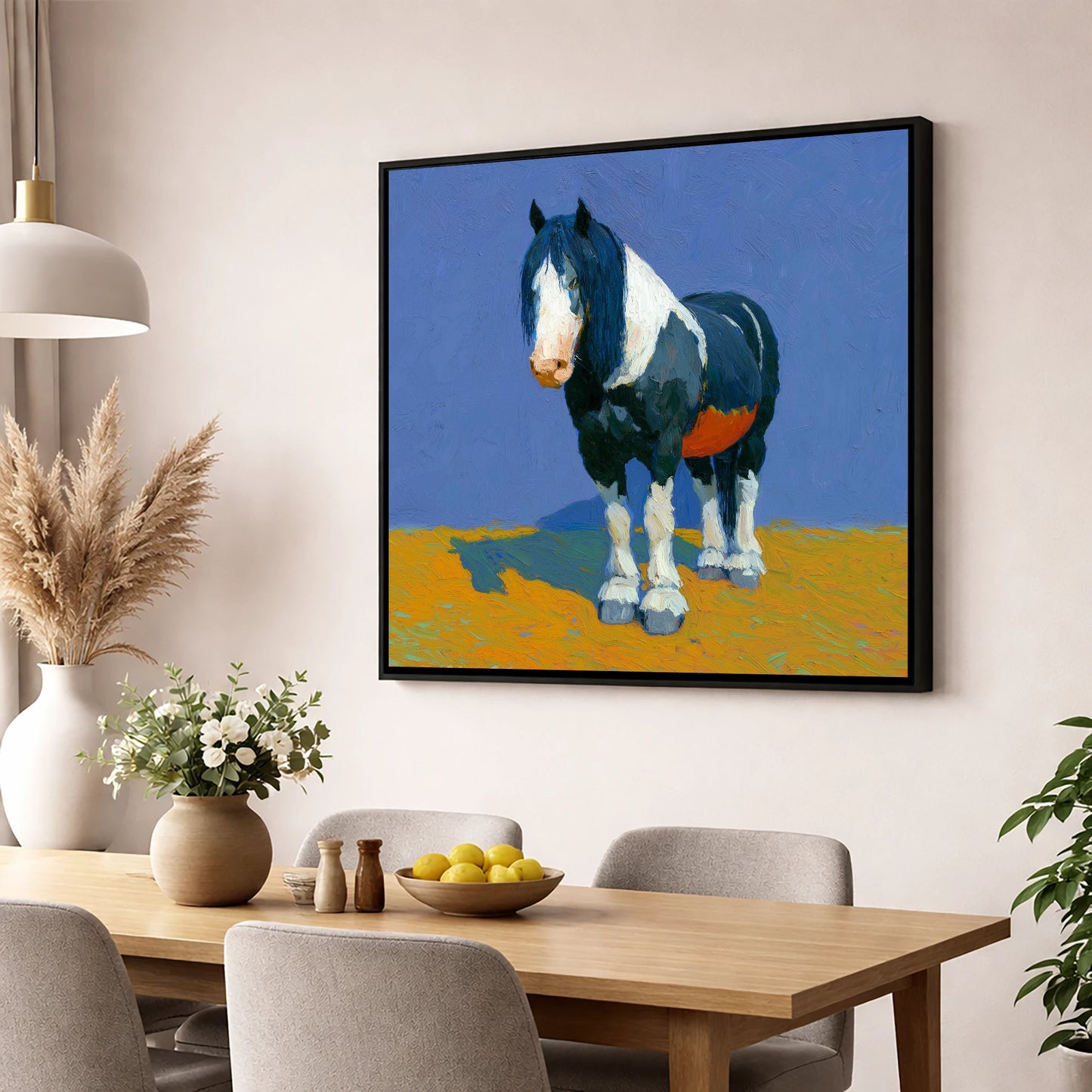 Sun-Drenched Coloured Cob horse breed wall art displayed in a dining room